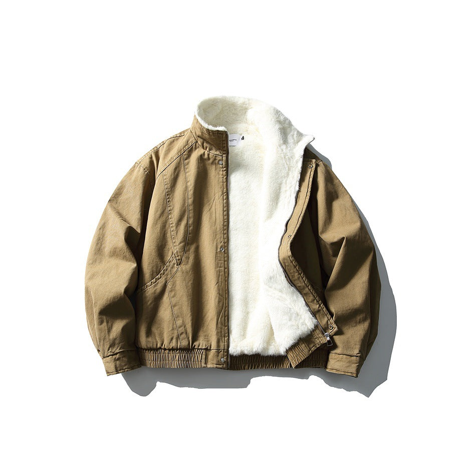Front view of an open tan jacket with a high collar, white plush lining, zipper, and front pockets.