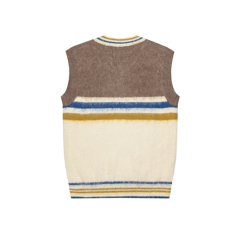 Back of a brown and cream sleeveless sweater vest with blue and mustard horizontal stripes, shown flat against white.
