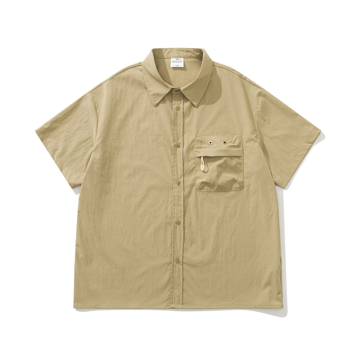 Khaki short-sleeve button-up shirt with eyelet chest pocket and cord detail, flat lay front view