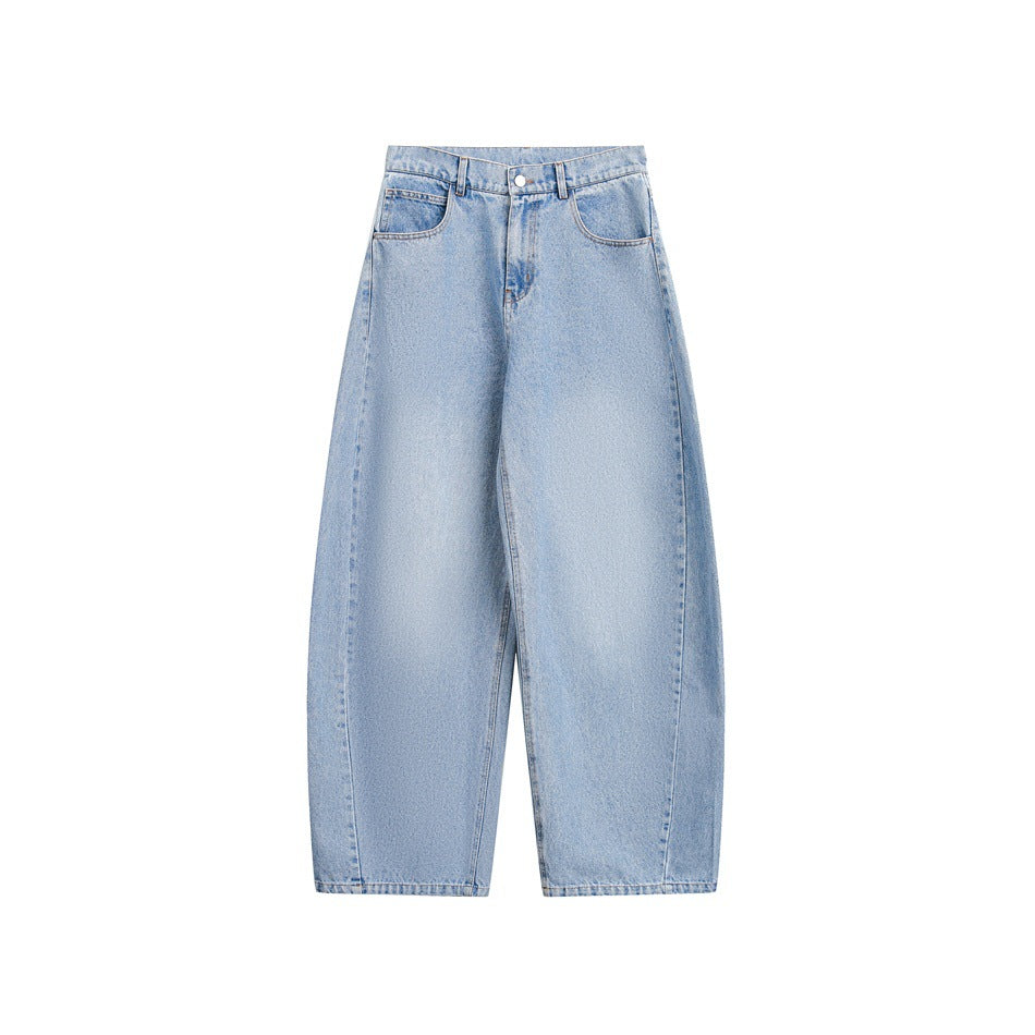 Light-blue washed wide-leg barrel jeans with high waist and front pockets, flat lay on white background