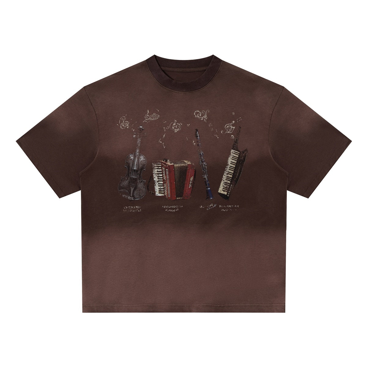 Brown washed short-sleeve crewneck T-shirt with instrument graphic of violin, accordion, clarinet and keytar on the chest