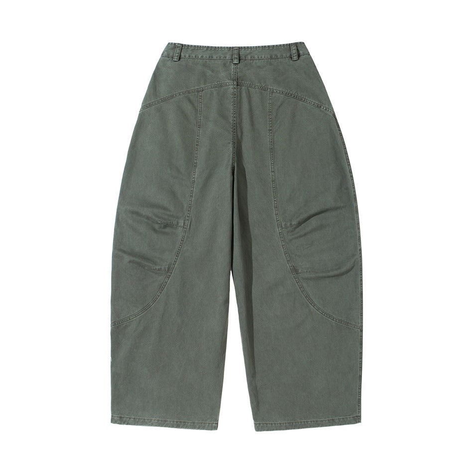 Army green wide-leg barrel pants, flat-lay back view with curved yoke seam and curved leg panel seams