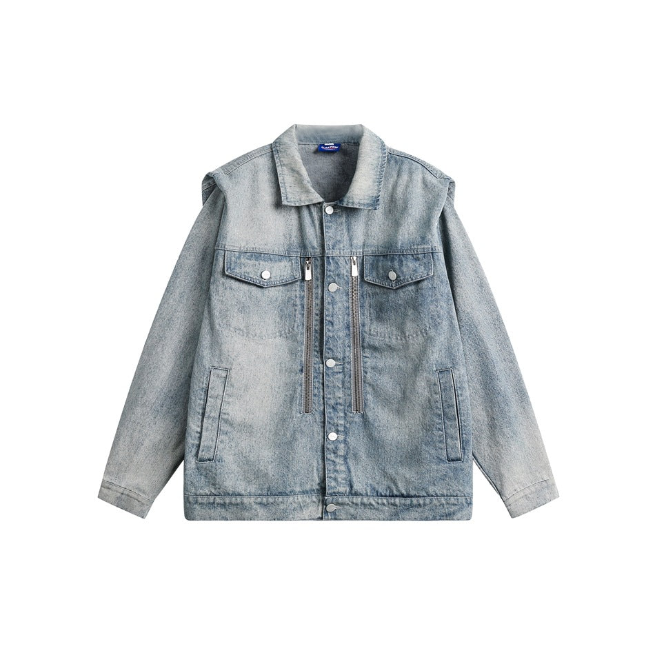 Light-blue washed denim jacket flat front view with chest flap pockets, vertical zippers and button front