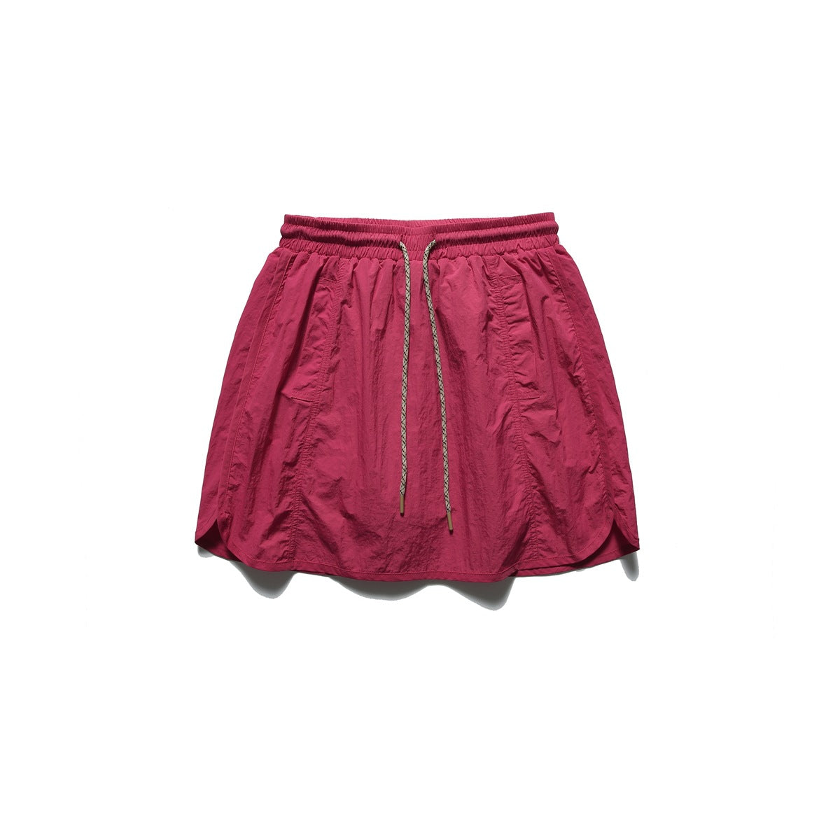 Front view of a bright pink pull-on skirt with an elastic waist, long drawcord, and curved hem.