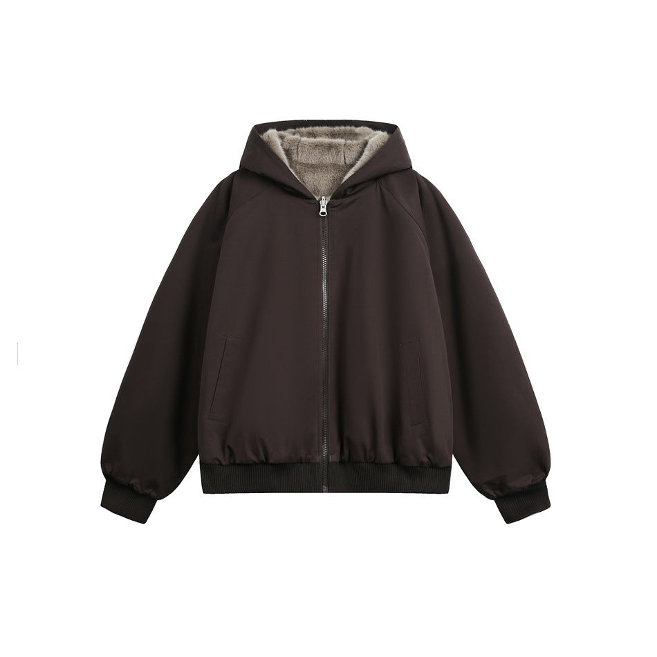 Brown hooded zip-up jacket with ribbed cuffs and hem and a plush light-brown pile lining at the hood, flat front view