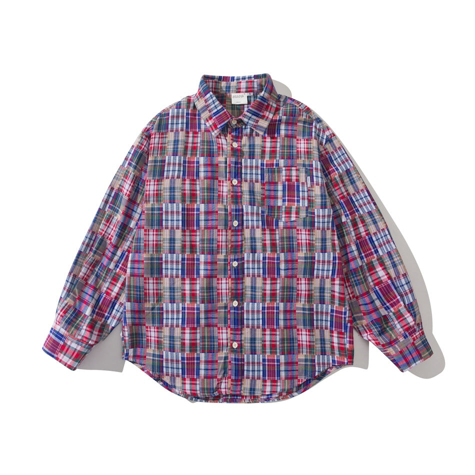 Front view of a long-sleeved button-up shirt in red, blue, gray, and white plaid, with a chest pocket.