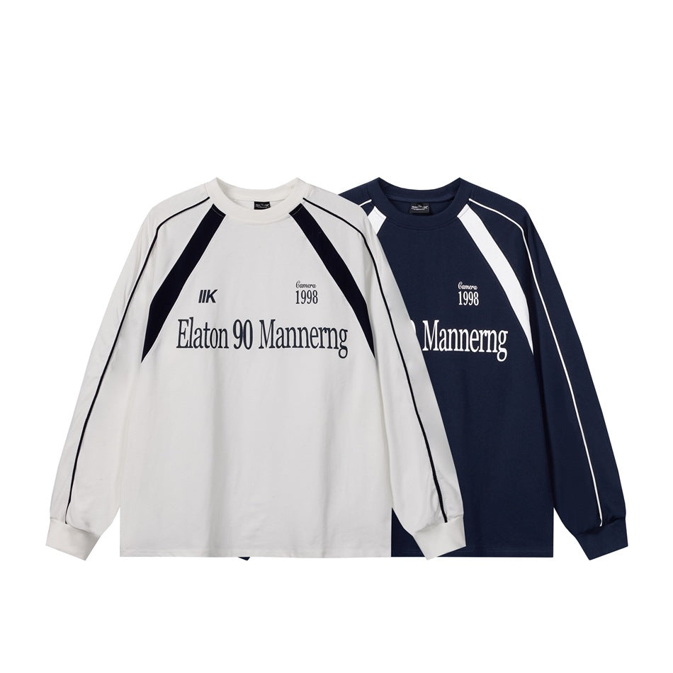 Two long-sleeve tops shown together: one white with dark accents and one navy with white accents; both have chest text.