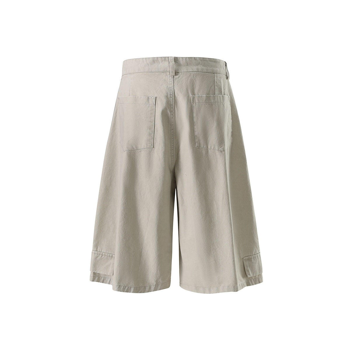 Back view of light beige wide-leg cargo shorts with two patch pockets and flap pockets near the hems.