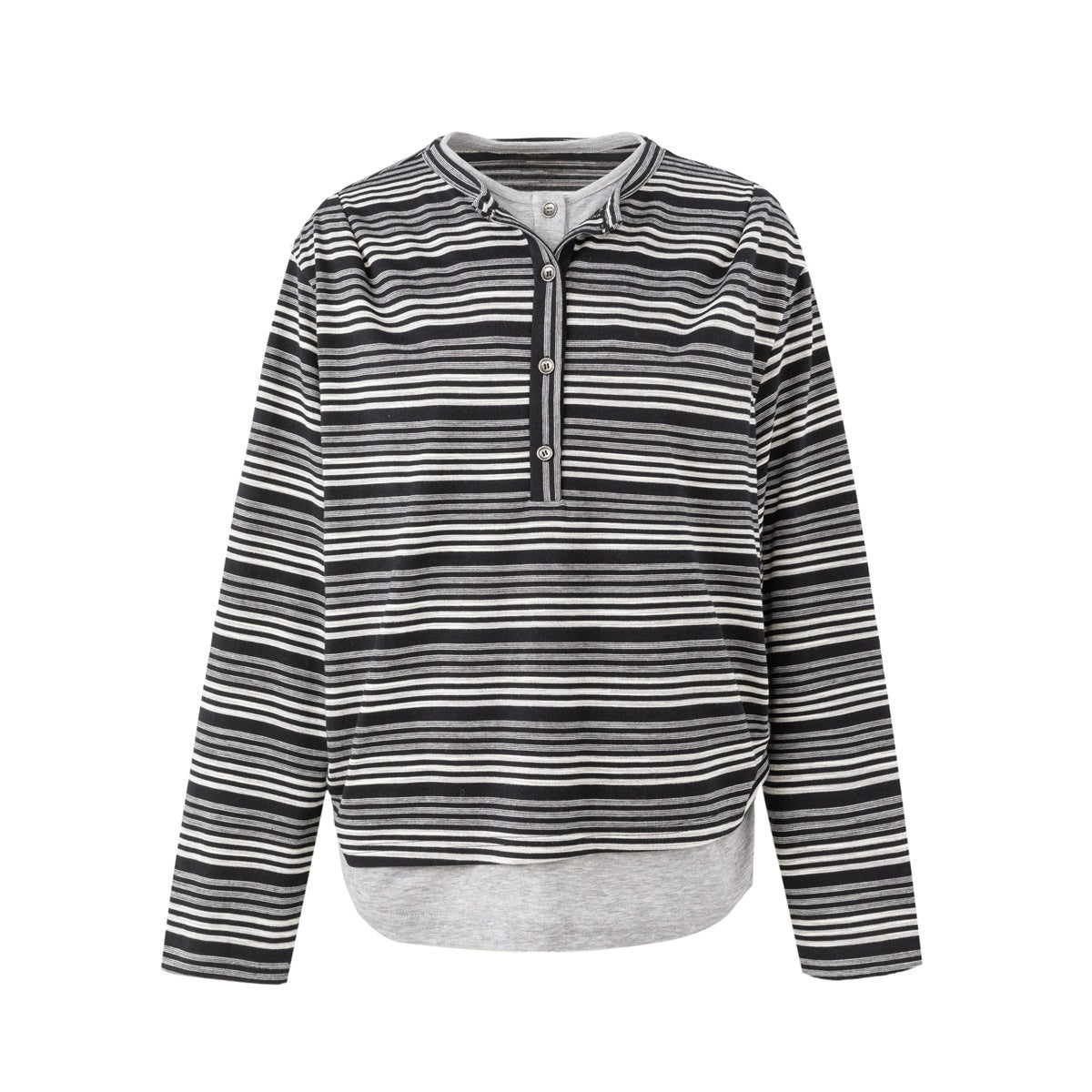Black, white and gray striped long-sleeve henley top with button placket and gray layered hem, flat front view