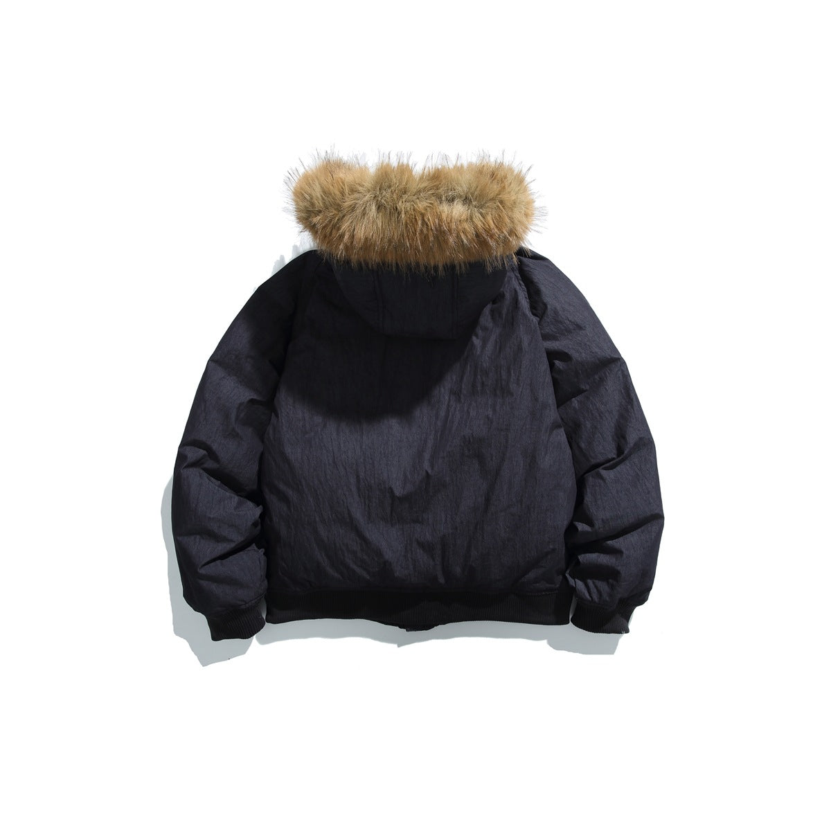 Back view of a dark navy hooded jacket with a tan fur-trimmed hood and ribbed hem and cuffs.