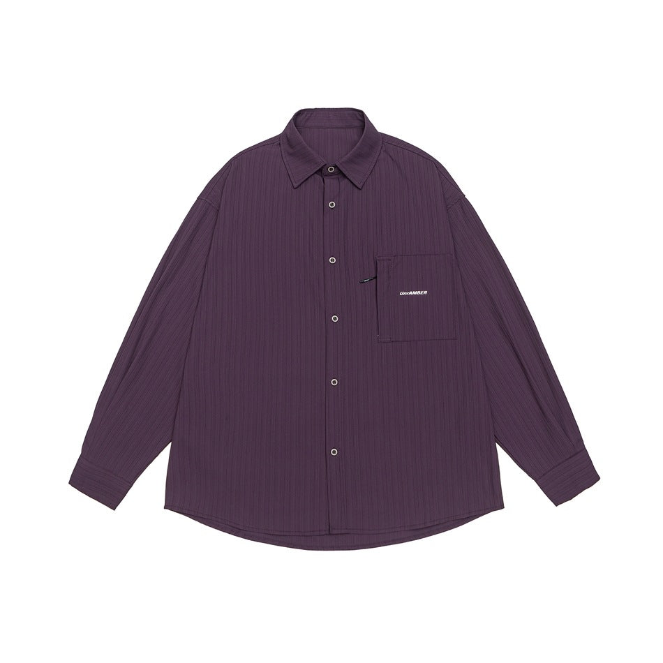 Purple long-sleeve striped button-up shirt with collar and chest pocket, flat front view