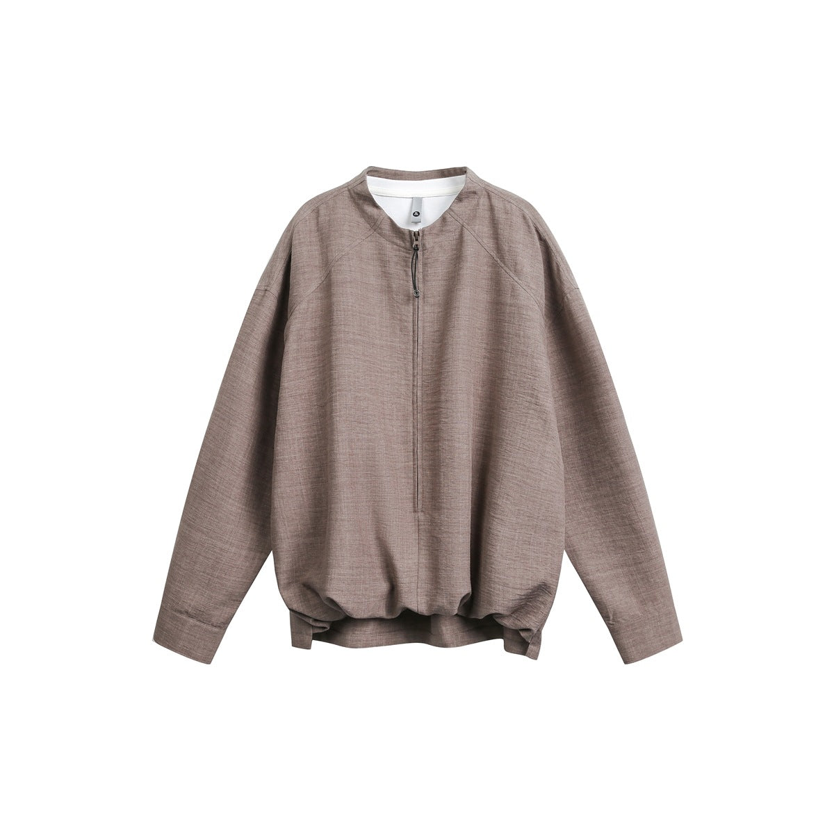 Front view of a taupe pullover with a short zip neckline, raglan sleeves and a gathered hem.