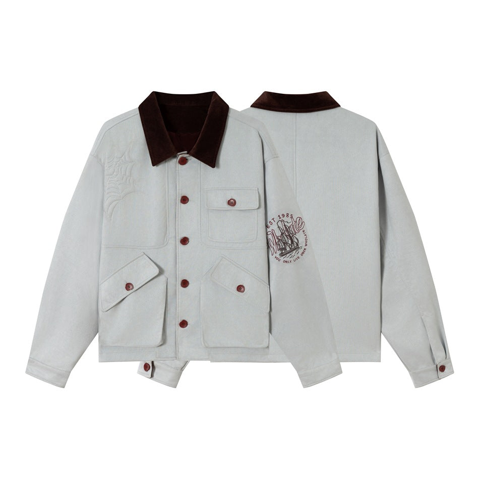 Pale gray jacket shown from the front and back, with a dark brown collar, red buttons, flap pockets, and printed graphics.