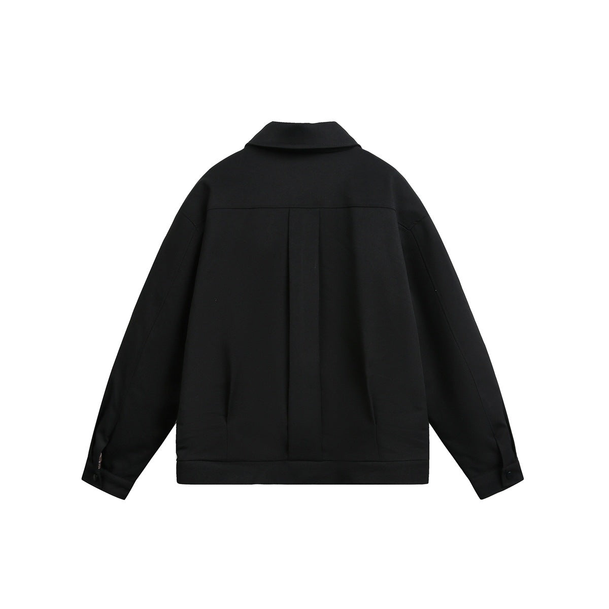 Back view of a black collared jacket with a center pleat, long sleeves, buttoned cuffs, and a straight hem.