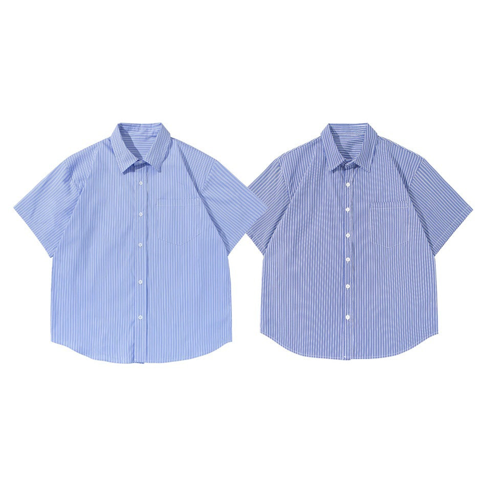 Two short-sleeve button-up shirts shown from the front in different blue-and-white stripe patterns.