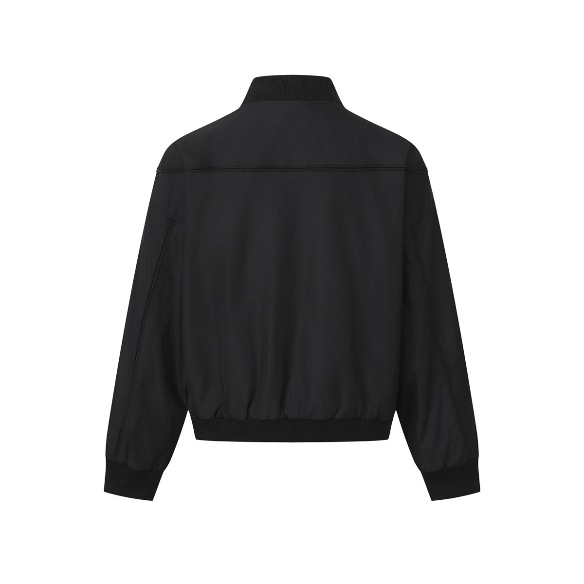 Back view of a black jacket with a ribbed stand collar, long sleeves, and ribbed cuffs and hem.