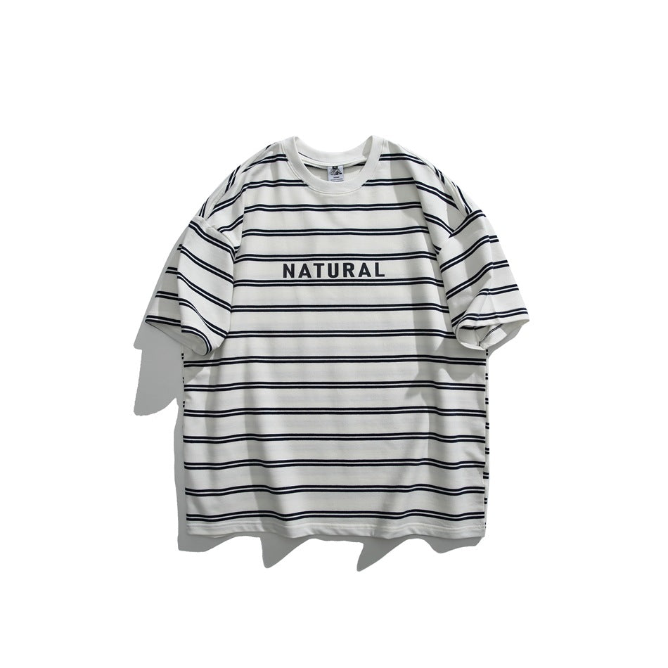 White short-sleeve crew-neck T-shirt with navy double stripes and NATURAL print at chest, flat lay