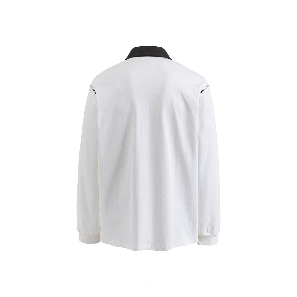 Back view of a white long-sleeve polo shirt with a black collar and small black shoulder details.