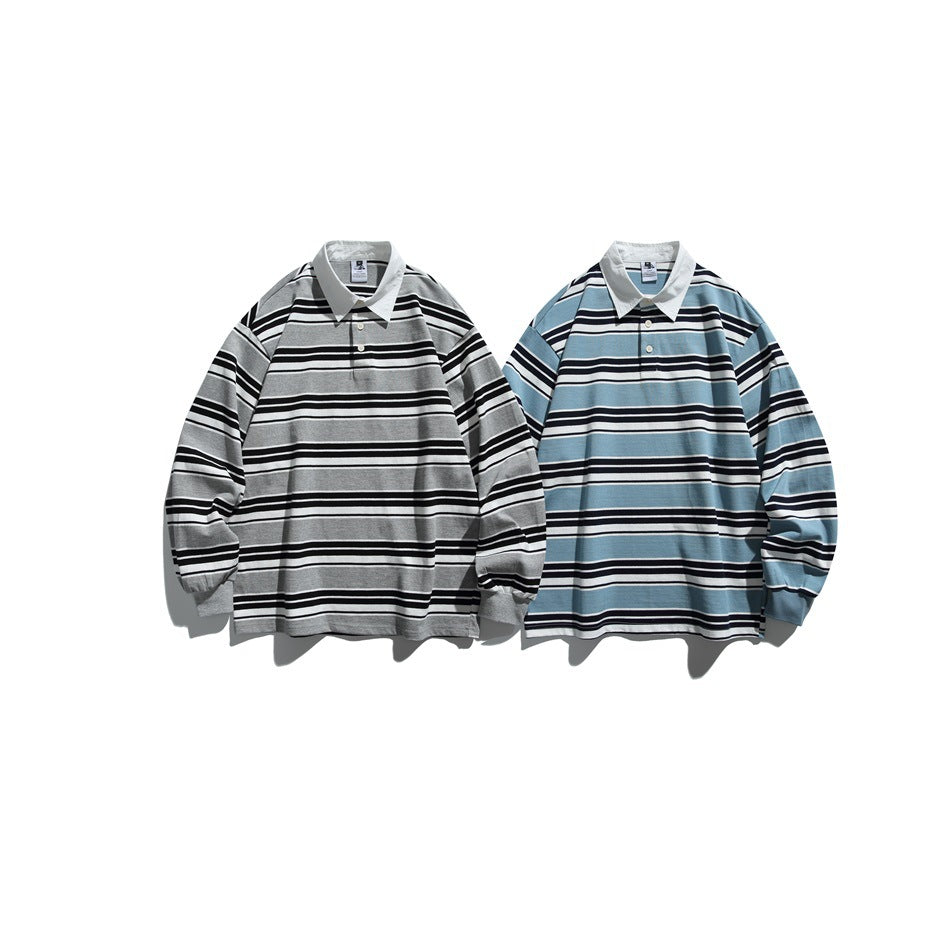 Two flat-lay long-sleeve striped polo shirts with white collars, in gray and light blue colorways.