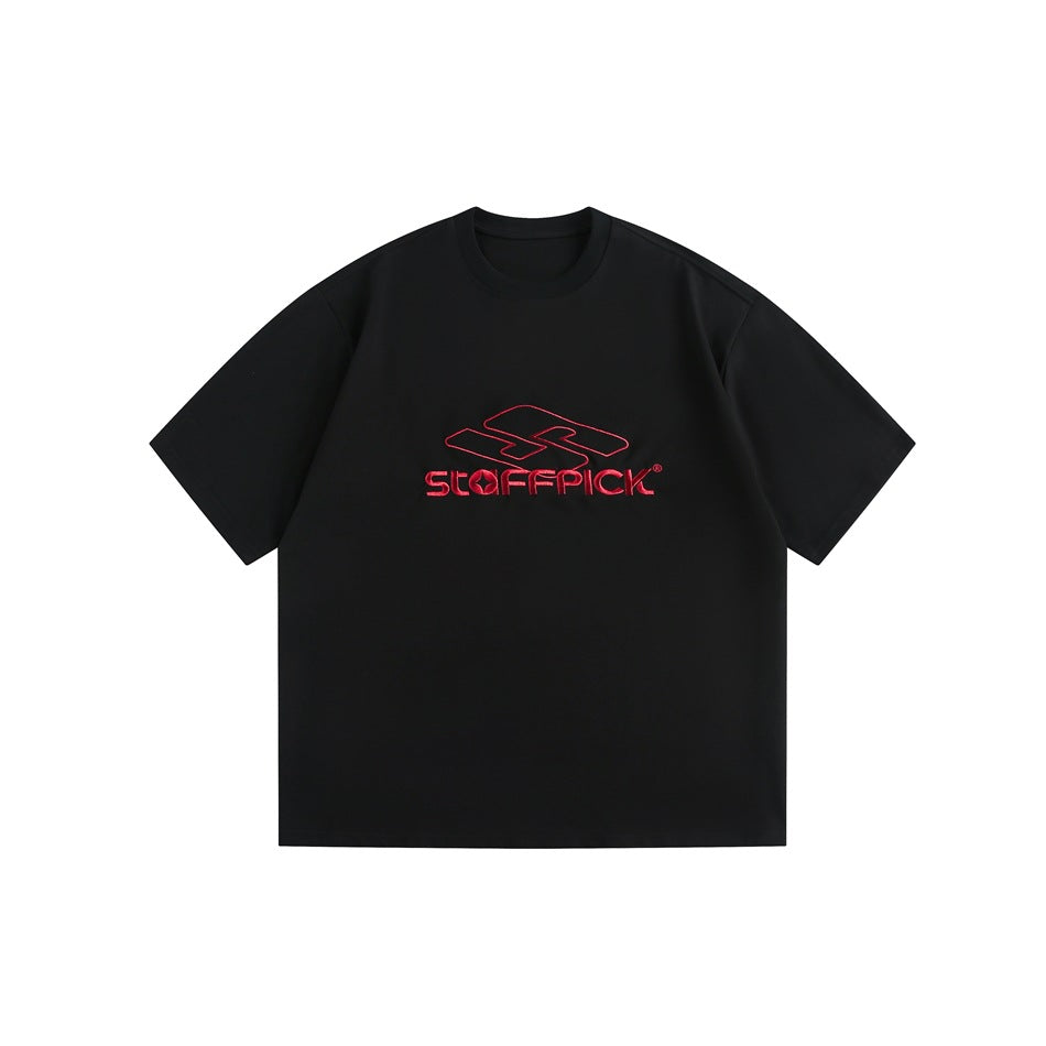 Black short-sleeve crew-neck T-shirt with red embroidered outline logo graphic on the chest, flat lay