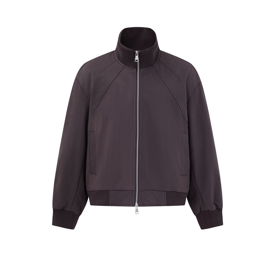 Wine red zip-front bomber jacket with ribbed stand collar, cuffs and hem, front view on white