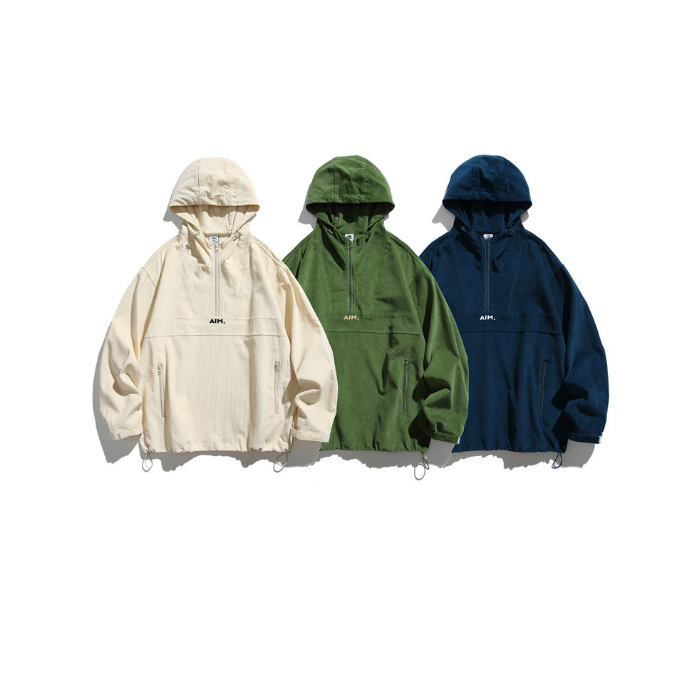 Front view of three hooded pullover jackets in cream, olive green, and navy, with front zippers and pockets.