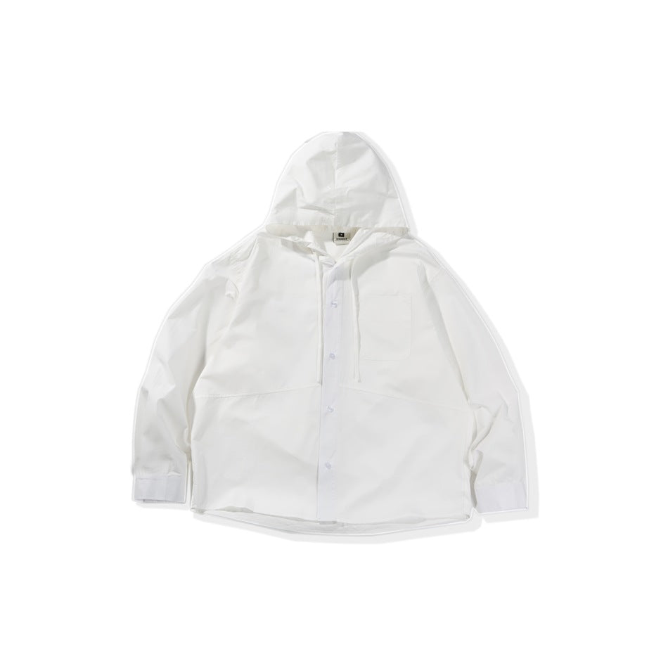 White hooded button-front shirt with chest pocket and drawcords, flat lay front view