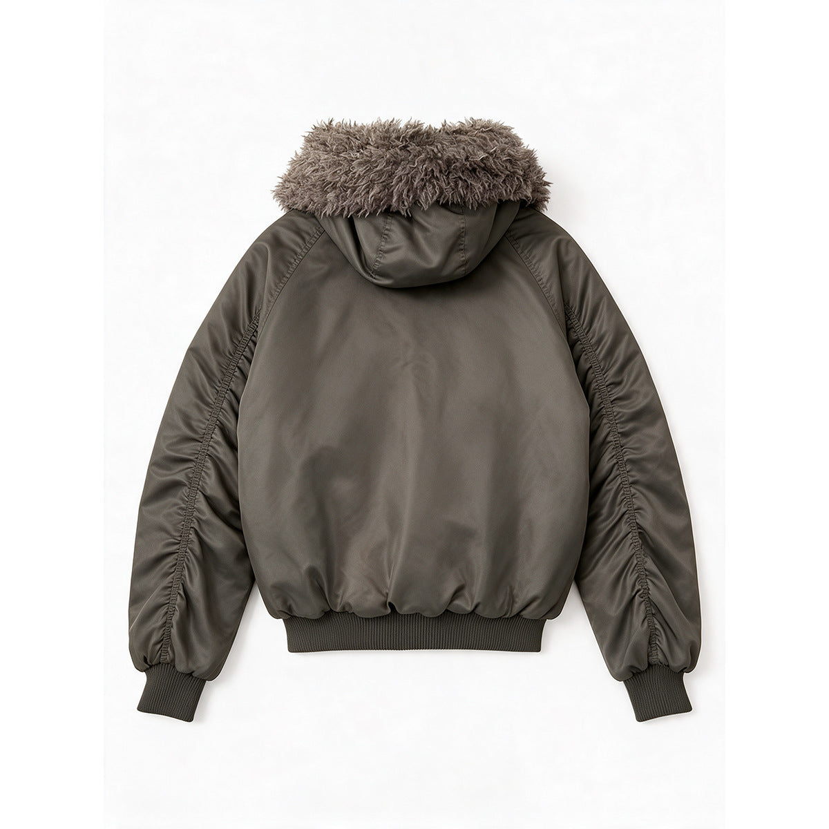 Back view of army green bomber jacket with pile-trimmed hood, ruched raglan sleeves and ribbed cuffs and hem