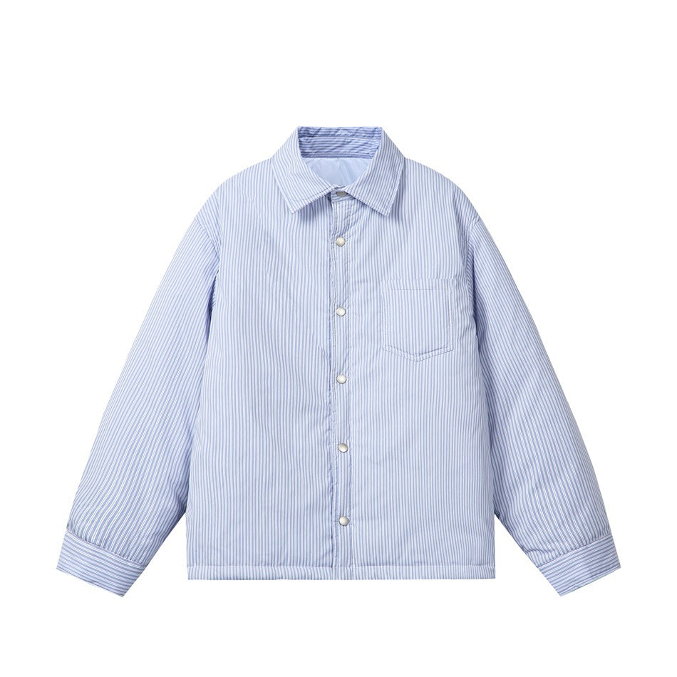 Blue and white striped padded shirt jacket, front view with snap buttons and chest pocket