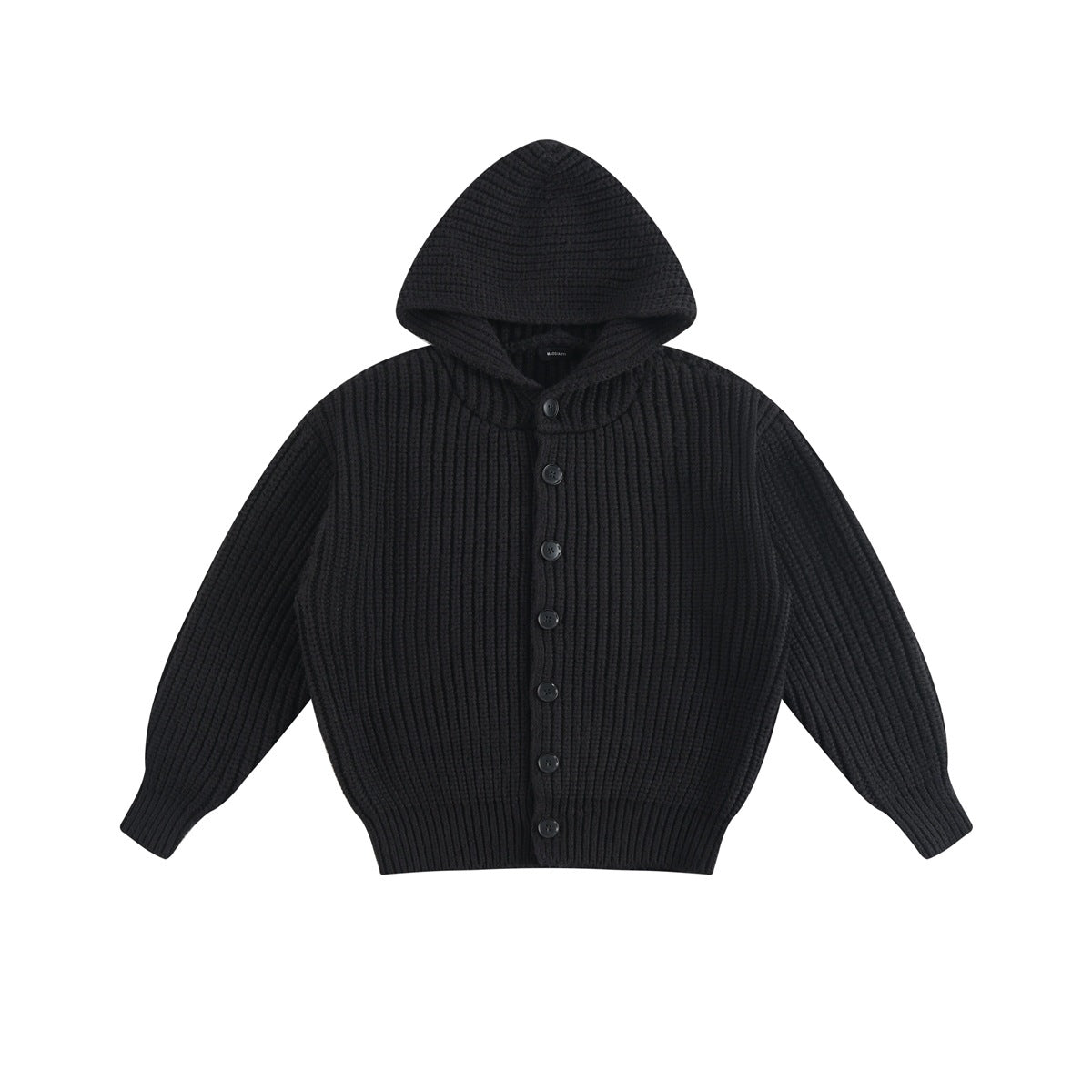 Black chunky rib-knit hooded cardigan with black front buttons, flat lay front view