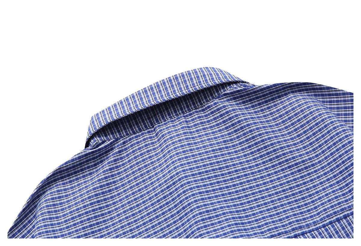 Close-up of the collar and upper shoulder of a blue-and-white checked shirt.