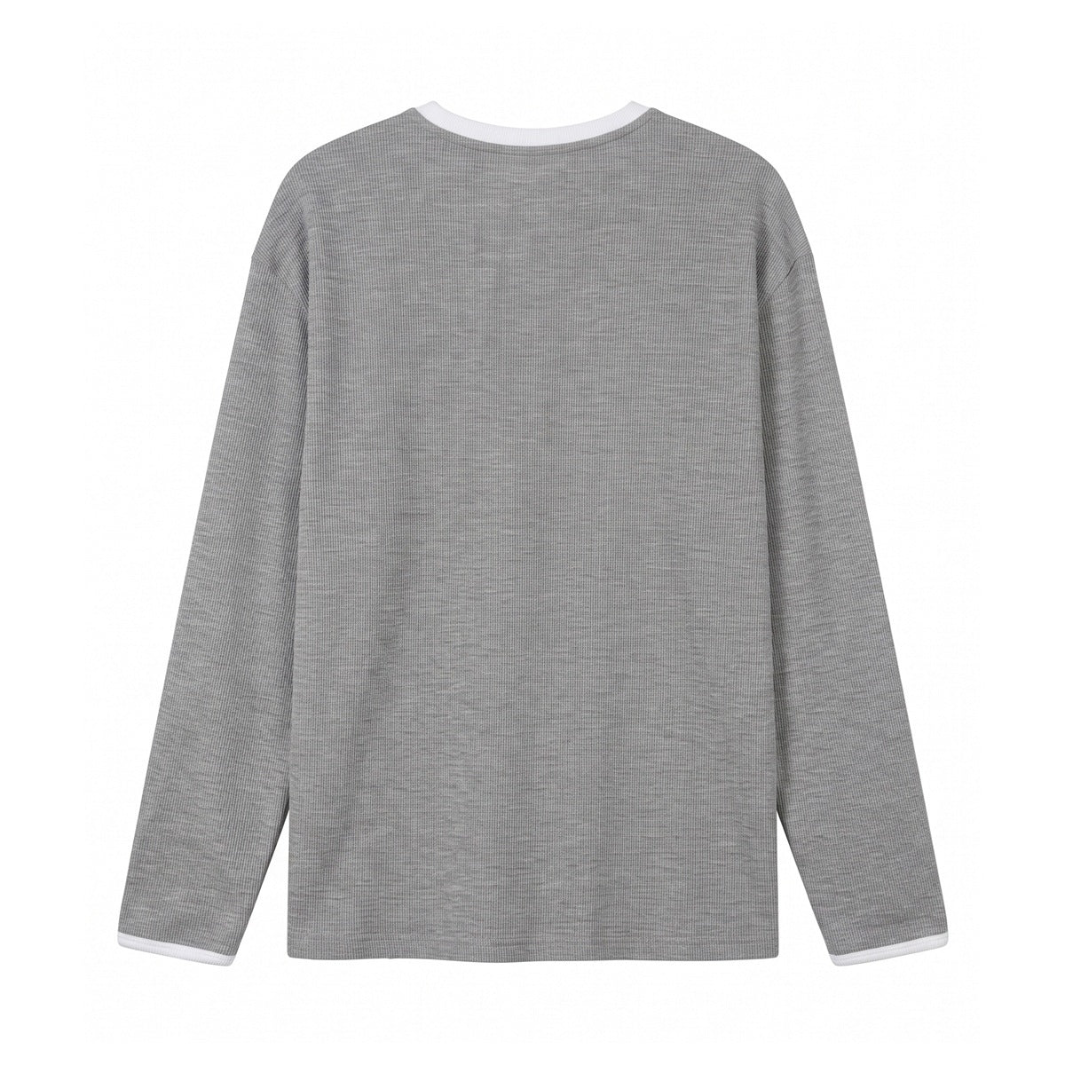 Heather gray ribbed long-sleeve top with white neckline and cuff trim, back view