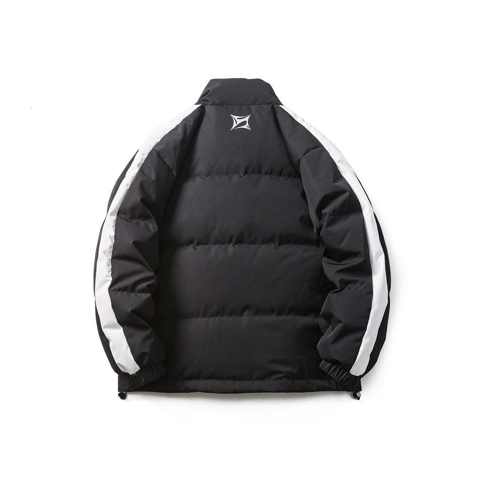 Back view of a black padded jacket laid flat, with white sleeve stripes and a small white symbol below the collar.