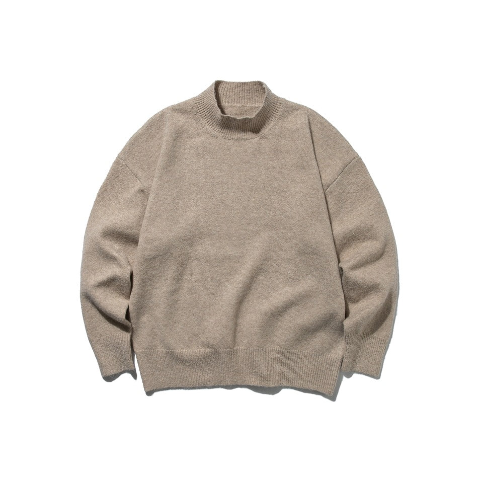 Khaki mock-neck knit sweater flat lay, front view, with ribbed collar, cuffs and hem