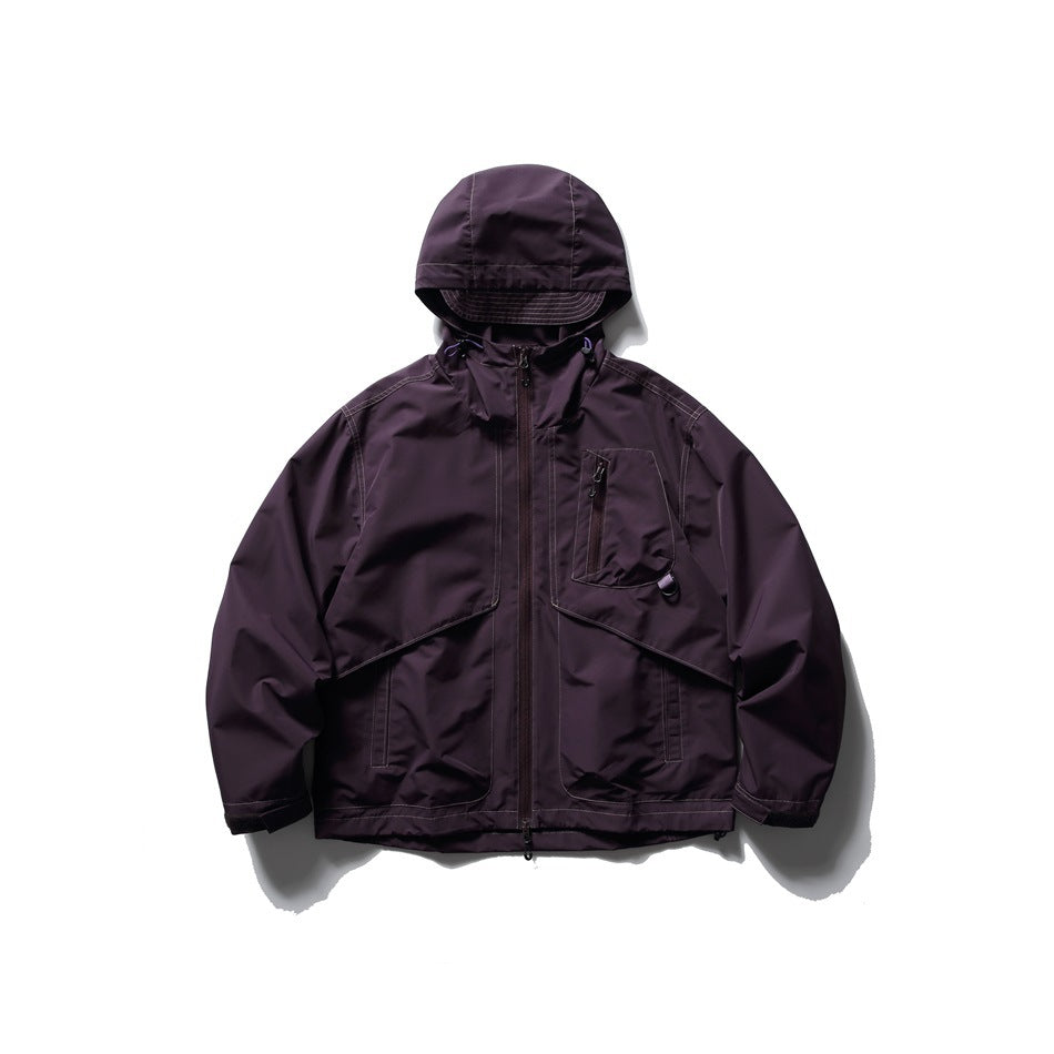 Deep purple hooded zip-front jacket with contrast stitching, chest zip pocket and large flap pockets, front view