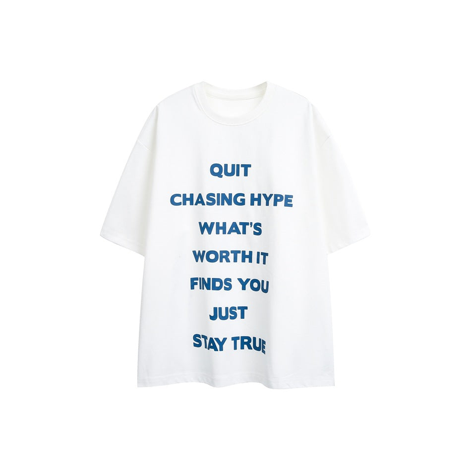 Off-white short-sleeve T-shirt with stacked blue slogan print on the front, flat view