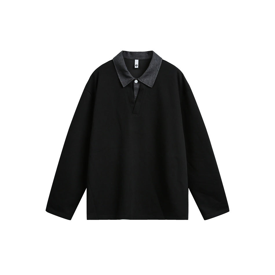 Black long-sleeve pullover with dark gray collar and short snap-button V placket, flat front view