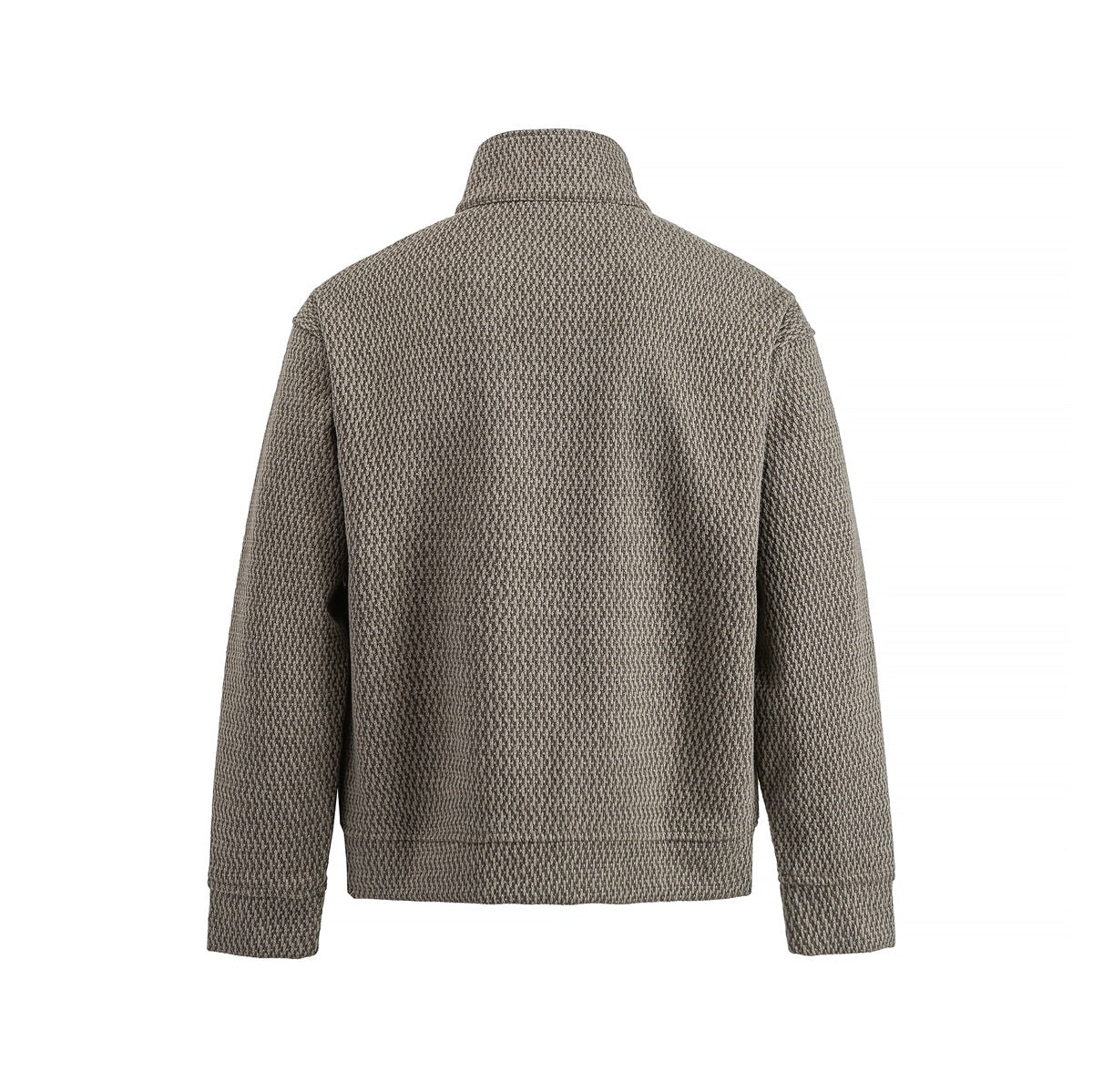 Back view of a taupe-gray textured quarter-zip pullover with long sleeves and a high collar.