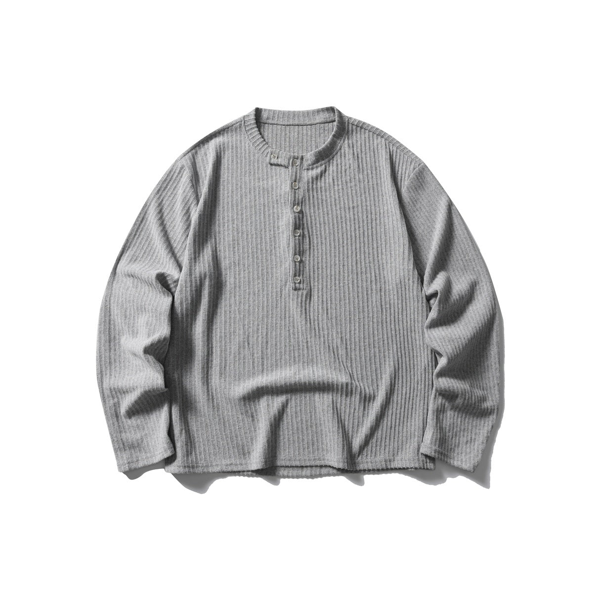 Heather gray ribbed-knit long-sleeve Henley top with button placket, flat lay front view