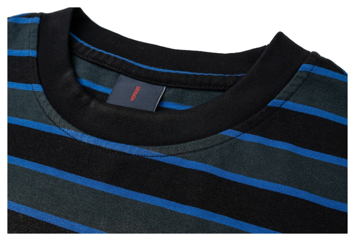 Close-up of a black ribbed crew neck and dark charcoal shirt with bright blue horizontal stripes.
