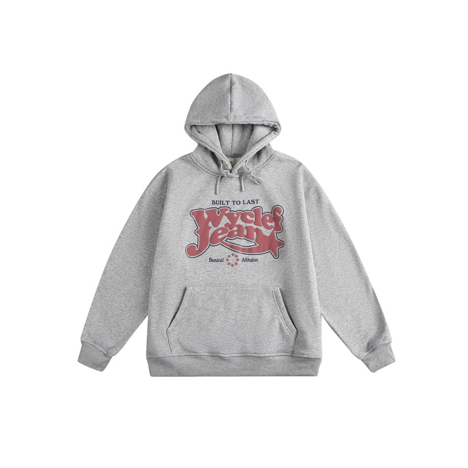 Gray pullover hoodie with front pocket, drawstrings and red retro lettered chest graphic, flat lay