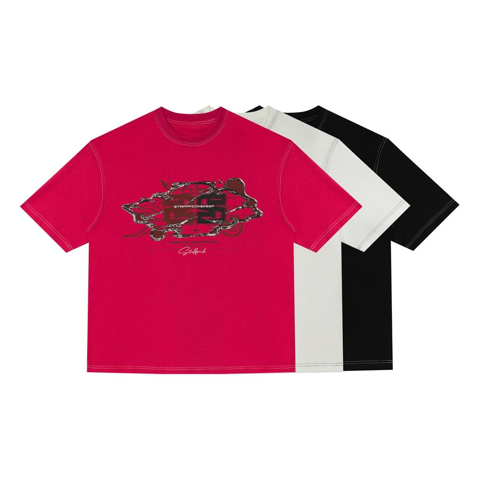 Three short-sleeve crew-neck graphic T-shirts shown together in magenta, off-white, and black.