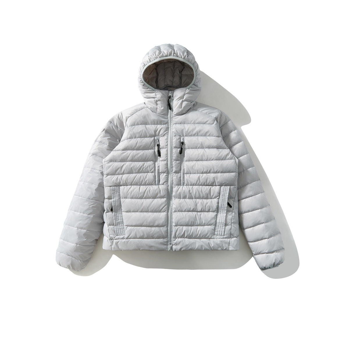 Light gray hooded quilted puffer jacket with front zipper and chest pockets, flat lay