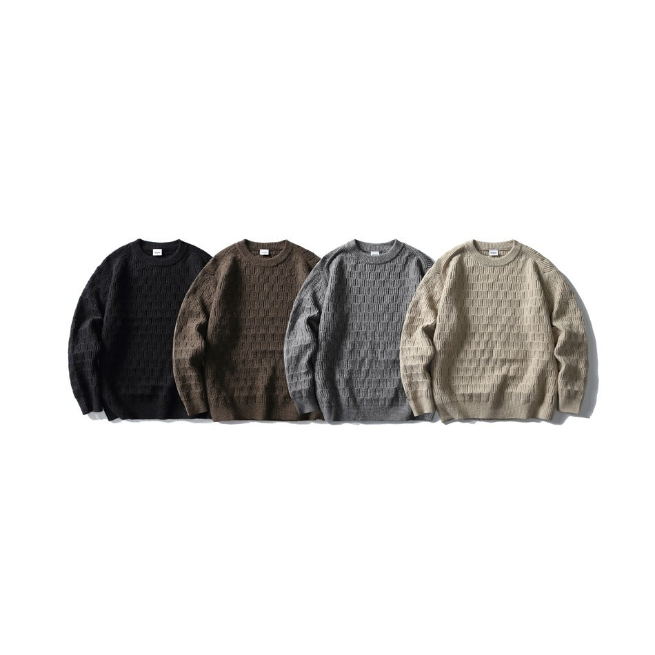Four textured crewneck sweaters shown from the front in black, brown, gray, and beige.