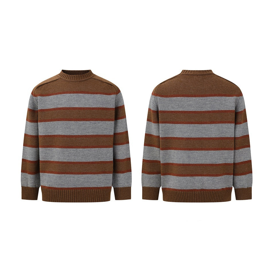 Brown crewneck sweater with horizontal gray and rust stripes, shown from the front and back.