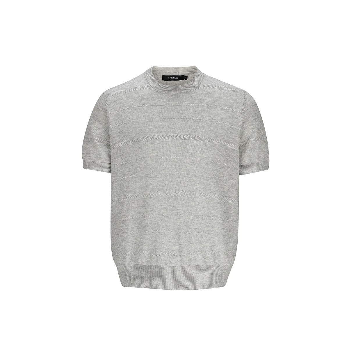Heather gray short-sleeve knit crew-neck top with horizontal textured stripes and ribbed trim, flat front view