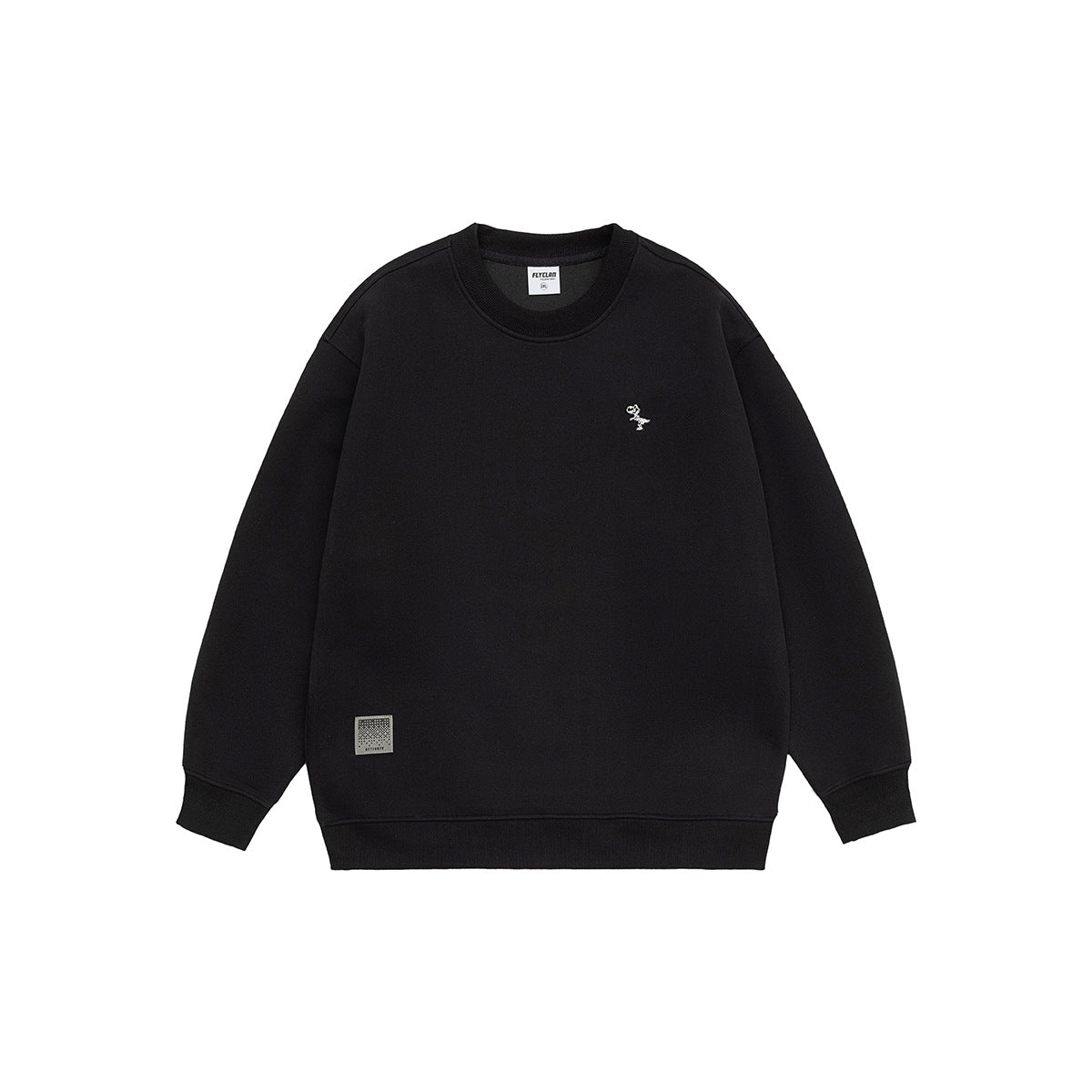Black crew-neck sweatshirt flat lay with small embroidered dinosaur on the chest and a label patch at the lower hem