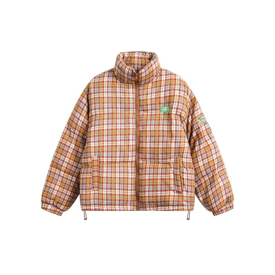 Orange plaid puffer-style jacket with stand collar, front zipper, green chest patch and hem drawcords, flat front view
