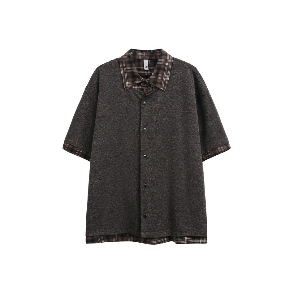 Brown heathered short-sleeve button-front top with brown plaid collar, cuffs and hem, flat front view