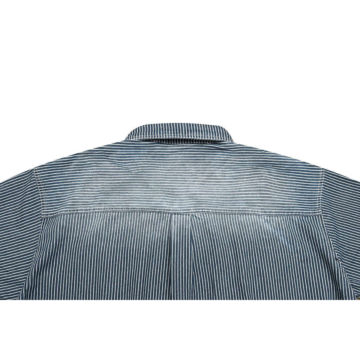 Close-up of the back of a dark blue pinstriped shirt, showing the collar, yoke and center pleat.